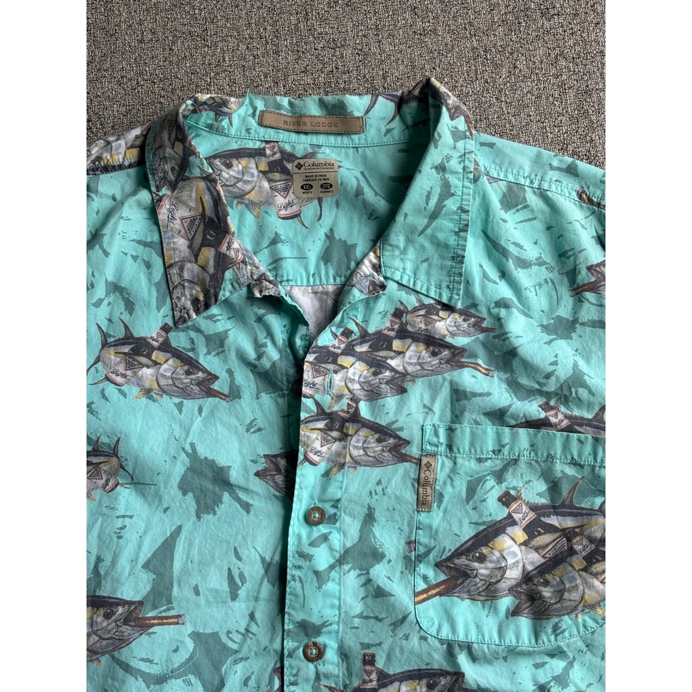 Columbia‎ Shirt Mens XXL River Lodge FM Teal Tuna Fish Beer Button Down SS